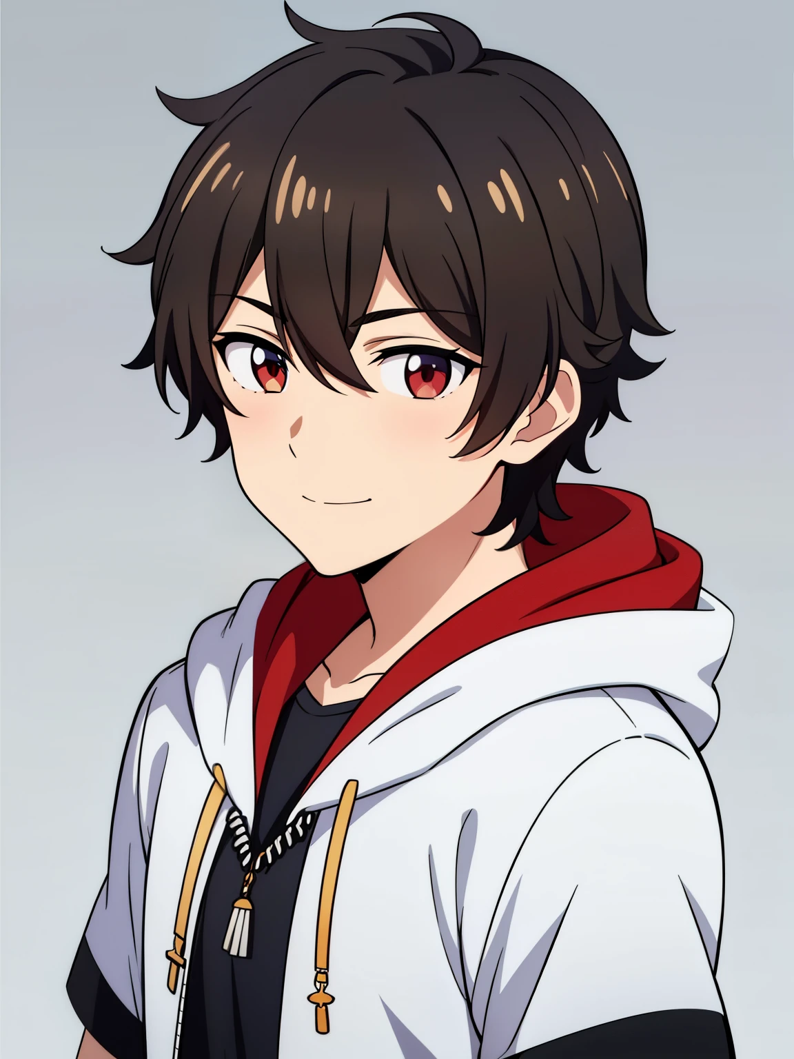 (high-quality, breathtaking),(expressive eyes, perfect face) portrait, 1boy, male, solo, young , black hair, red eye color, short hair length, soft wavy hair, cute smile, fluffy loose hair, side bangs, looking at viewer, portrait, medium full shot, happy expression, RWBY clothing, black hoodie, gold trim, white shirt, red, grey background, short sleeves
