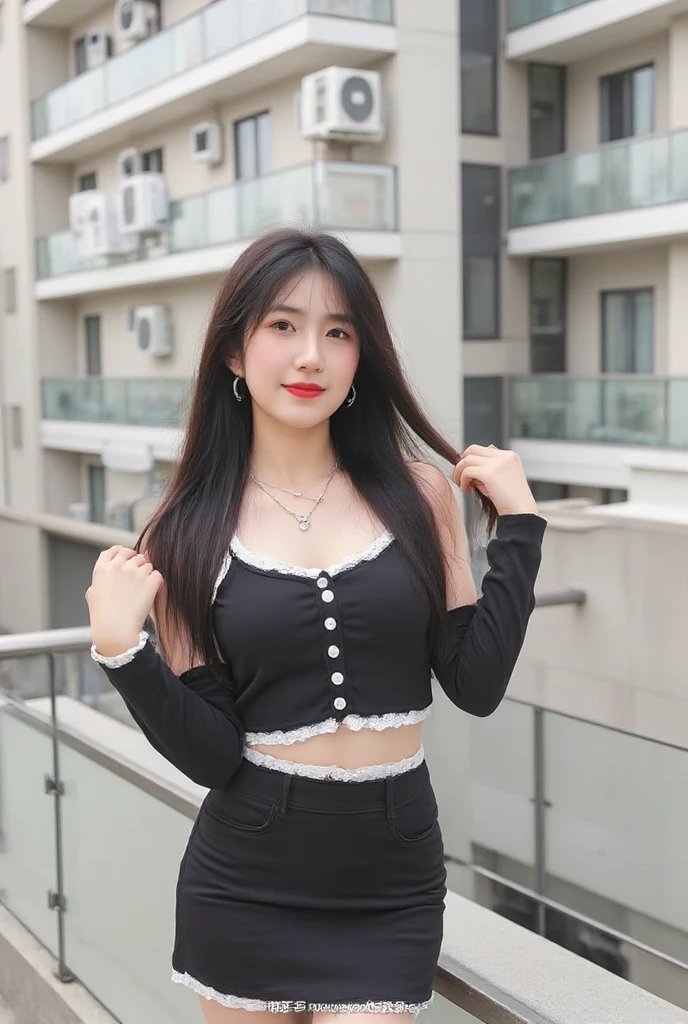 A girl of about 36 years old,simplicity,Extremely beautiful and delicate,(light make-up),Black color hair,A sweet smile,Delicate and beautiful fair skin,Realistic and realistic,exquisite and complete facial features,Detailed depiction of the face,tall nose bridge,Red lips,Beautiful, gentle and beautiful girl,Smooth hair,extremely detail hair,Feminine temperament,Fill your face light,hyper realisitc,photorealestic,8K quality,extremy detailed,Realistic details,Works of masters,Realistic to the extreme,big breasts body,Beautiful,Pure desire,Stunning beauty,Peerless beauty,Highest image quality,8K分辨率,goddes,ssmile,Fine facial features,Hair over the shoulder,A brown-haired,Large long thick legs,(((High-waisted French top))),(((short skirt))),rays of sunshine,facing at camera,The body is well-proportioned and firm,Gentle eyes,Exposing thighs,stand posture,Stand inside the mall,Full body photo