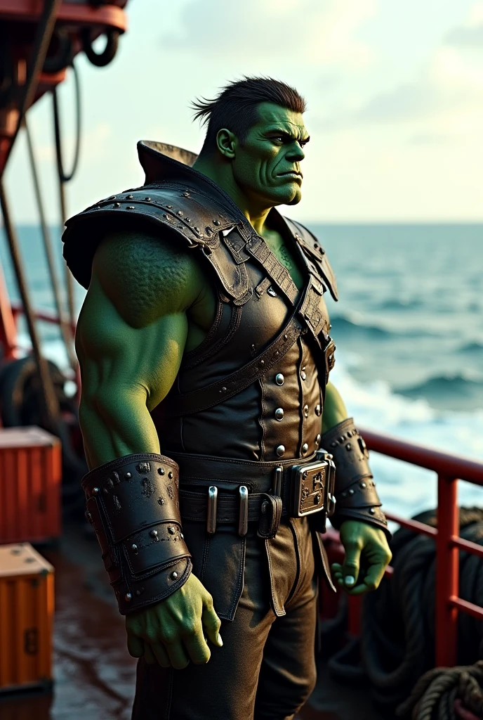 full body hulk pirate costume, standing on the boat