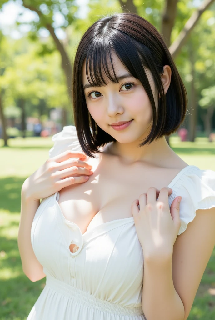 A beautiful and cute short-haired Japanese junior high school girl is caressed naked by a middle-aged man