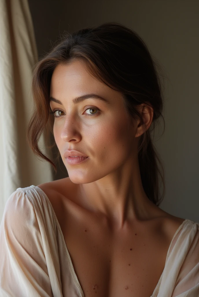 masterpiece, high-level image quality, depth of fields, beautiful mature women, dark long hair, 80 years old, up of face, wearing beautiful beige dress, sitting on a beach, Fancy makeup, (gigantic, big breasts ;1.7), beautiful face, perfect body Studio photograpghy, gray background