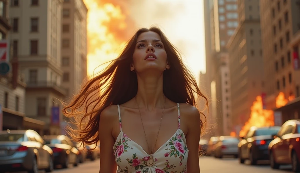 (BURNING CITY IN THE BACKGROUND) violent ultra hot gorgeous European women. Age 23. large breast, 95Dd breast size. cleavage. protesting holding signs saying; LOVE. Green hues.