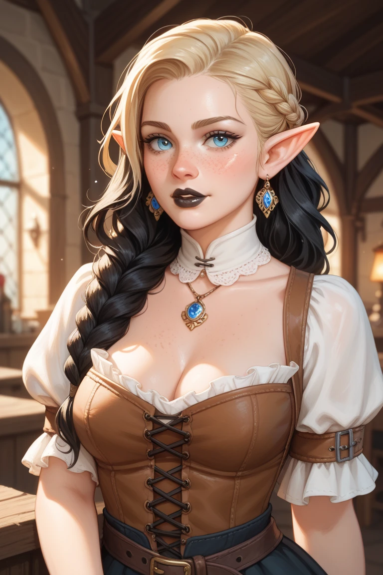 ((Best Quality)), ((masterpiece)), (detailed), 1 elf girl, ((big bust)), elf young woman, beautiful, wavy blonde hair The shape of the face is oval, with delicate and proportionate features. The eyes are a deep blue, bright and expressive, and slightly tilted upwards at the ends. The eyes are medium sized, highlighting on the face. The eyebrows are a darker shade than the hair., black. The eyebrows are arched and well defined. The nose is straight and elegant., with a small curve at the tip. The nose is of medium size. The lips are plump and soft.. The lips have a natural pink tone. The mouth is small and slightly curved in a soft smile.. There is no beard or facial hair. The skin is pale and smooth, with a healthy appearance. Skin tones of the face, There is a slight blush on the cheeks. There are no moles, freckles or scars on the skin. She's dressed in hunting clothes, made of leather, her shoes are made of leather. Gothic Leather Corset-Vest, wine color. Her white shirt has no straps, her shoulders are bare. It's inside the kitchen., She is making magic potions., In the background, you can see the fire.. 