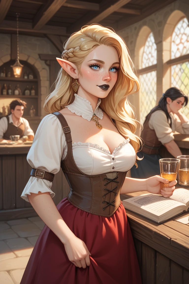 (masterpiece, best quality) detailed, dmarci, 1girl, solo, black leggings, silver accessories, denim jacket, blonde, elegant, pointed ears, casual posture, smiling, large breasts, looking at viewer, cafe,