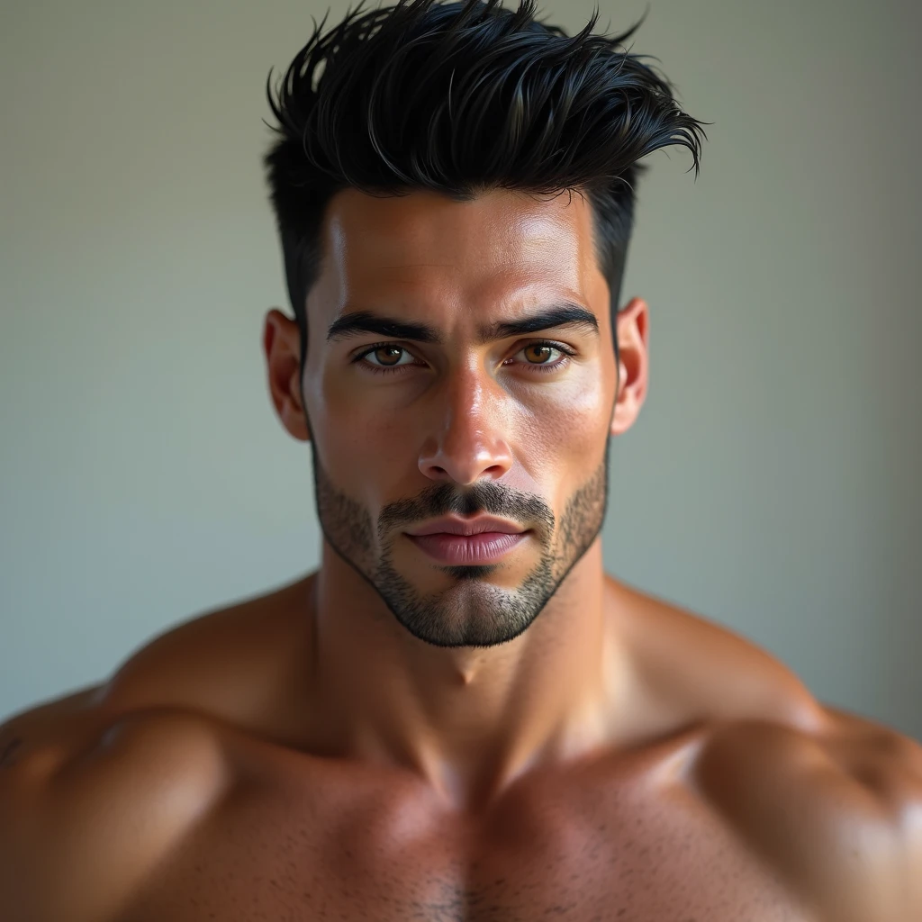 A muscular 30-year-old man in a shor and no t-shirt staring at the camera lens, en el cielo se ven nubes negras y quiere llover, el fondo en muy realista