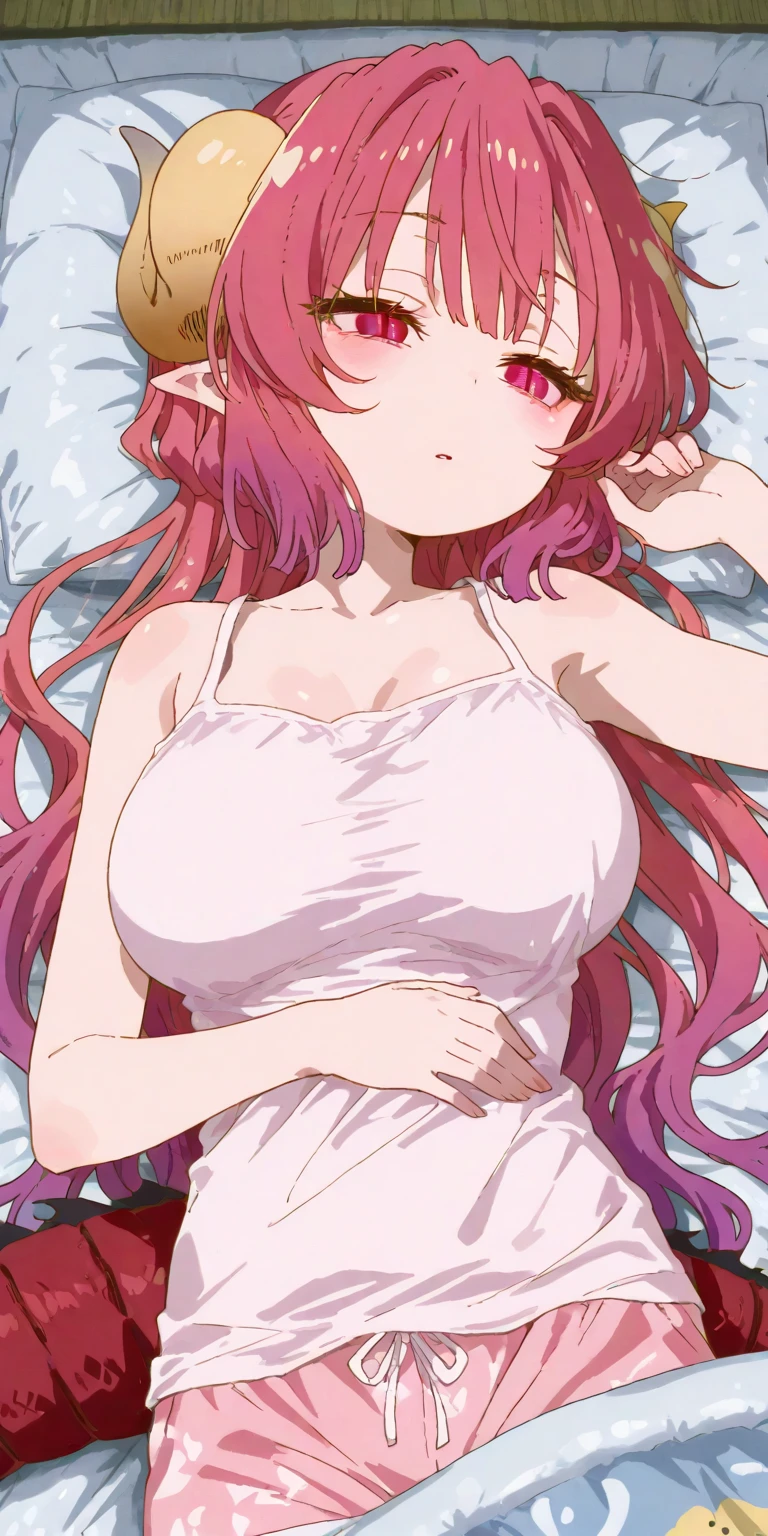 Drunk, blushing, sweating, pregnant fairy Queen, red hair, messy hair, sleeping, POV, bed, laying back, messy nightgown,