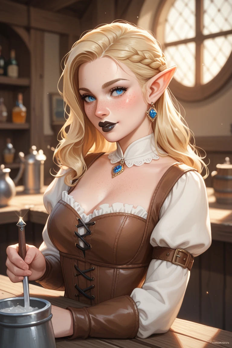 Sophisticated elf woman, hat, steampunk dress , in a country manor, muted colors, sephia filter, maid outfit, mature, well endowed bust, Victorian era, detailed eyes, well bred, refined lady in waiting, no hat, bare headed, long blond hair, emerald green eyes , long skirt, blouse, under bust corset, bare tits, bare nipples