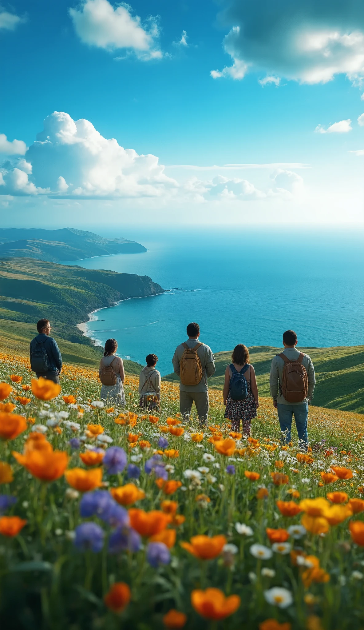 masterpiece、最High Quality画像、High Quality、Detailed CG Unity 8k Wallpaper、people々、Scenery from a location with spectacular views of the prairie and ocean、Looking at the Prairie、 Scenery Outside the Window 、色とりどりのflower、The Ocean on the Other Side of the Prairie、nature、Blue Sky That Seems to Pass Through、Depth of Field、high resolution、flower、Chromatic Aberration、Photorealism、very detailed、complicated、High detail、Dramatic、