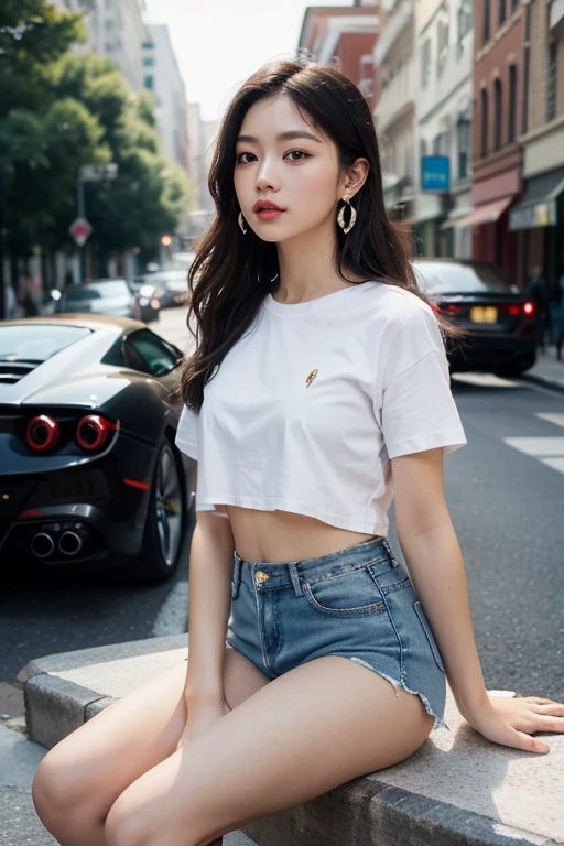 (masterpiece, top quality, best quality, official art, beautiful:1.2), 1girl , wearing white t shirt and jeans, detailed outdoor background, cinematic lighting