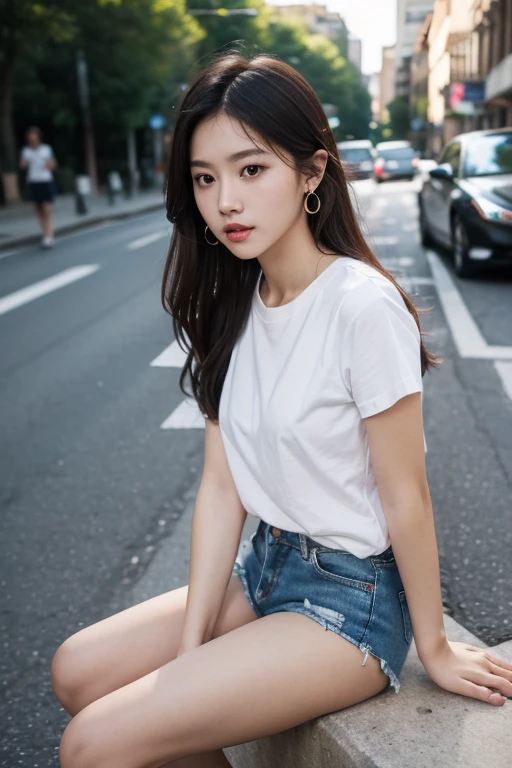 ​masterpiece、High-quality viewers、One beautiful model of JPNIODL、beautiful brown hair、A detailed eye、Performance T-shirt、denim short pants、Cityscape with blue sky and white clouds、8K High Resolution、Momentary Pose、细致背景、 Tindall Effect、light scattering、Light refraction、Drawing with enhanced hair details、A detailed face、more hair、Detailed nose、Detailed mouth、Detailed body、stares at the camera、model poses、Paint with added hair details