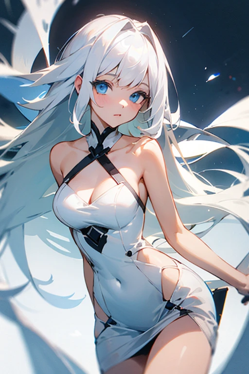 1 girl, (solo:1.1), standing on the same level, long hair, white, dark, yin , yang, yin girl, yang girl, yin yang circle , body painting, (white skin:1.2), perfect detailed eyes looking down at the viewer, medium chest, sparkling eyes, ((abyss background:1.0)), ((Godness:1.1)), ((godness dress:1.2)), (((yin yang style:1.2)))