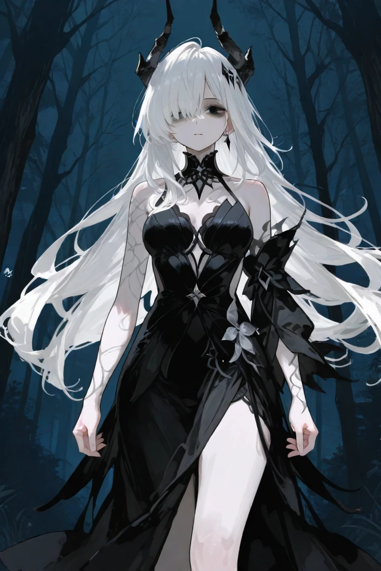 A beautiful anime-style girl with long hair and a purple flower、A beautiful girl with a glamorous body who lives in the dark graveyard、A beautiful immoral girl in a provocative black and grey dress、Crow、ghost、Undead。