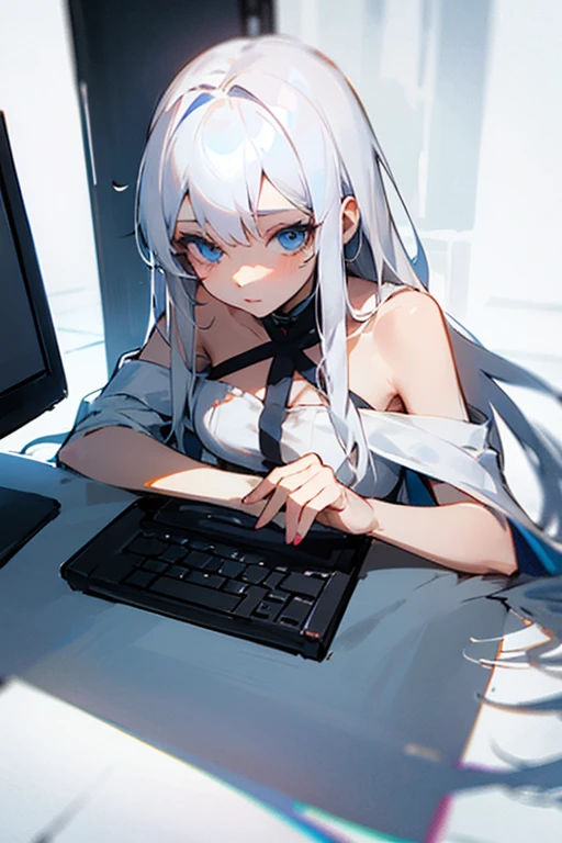 A girl with white long hair in black lingerie sits playing games on a gaming laptop