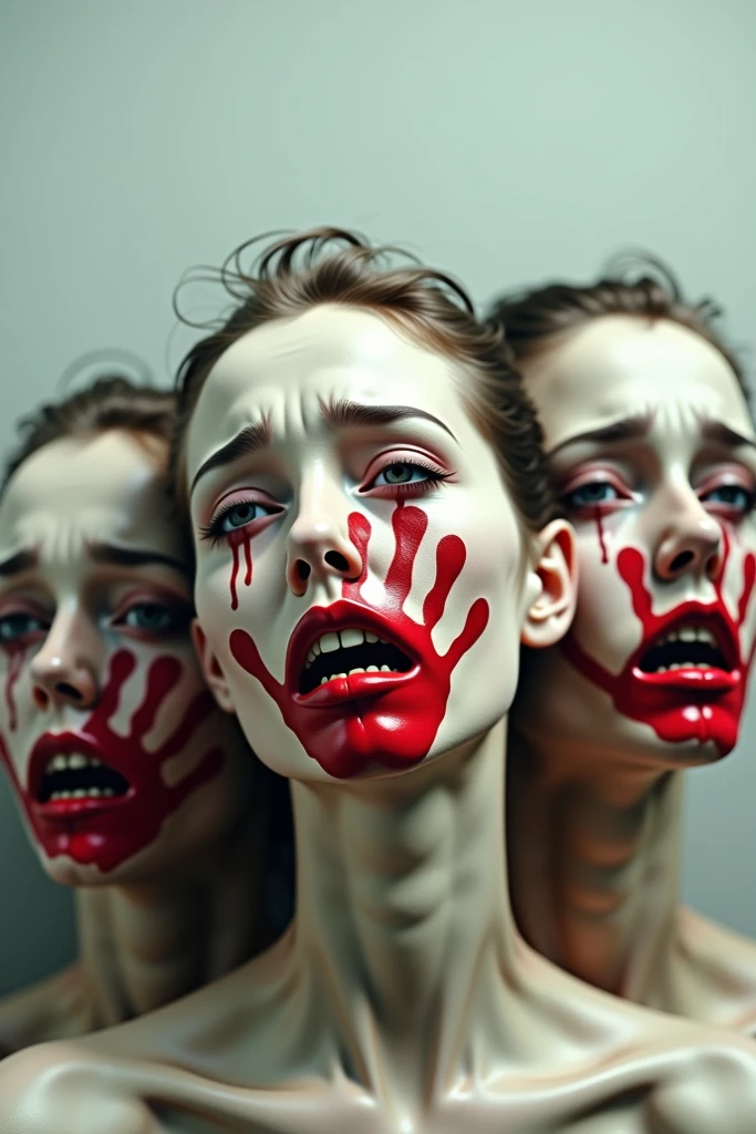 Best image quality, masterpiece, multiple pretty human heads in one transparent trash bag, blood, heartbroken expression, detailed skin expression, detailed image texture, brutal, grotesque, horror, gloomy atmosphere, (not ai image), cloudy weather, abandoned trash bag