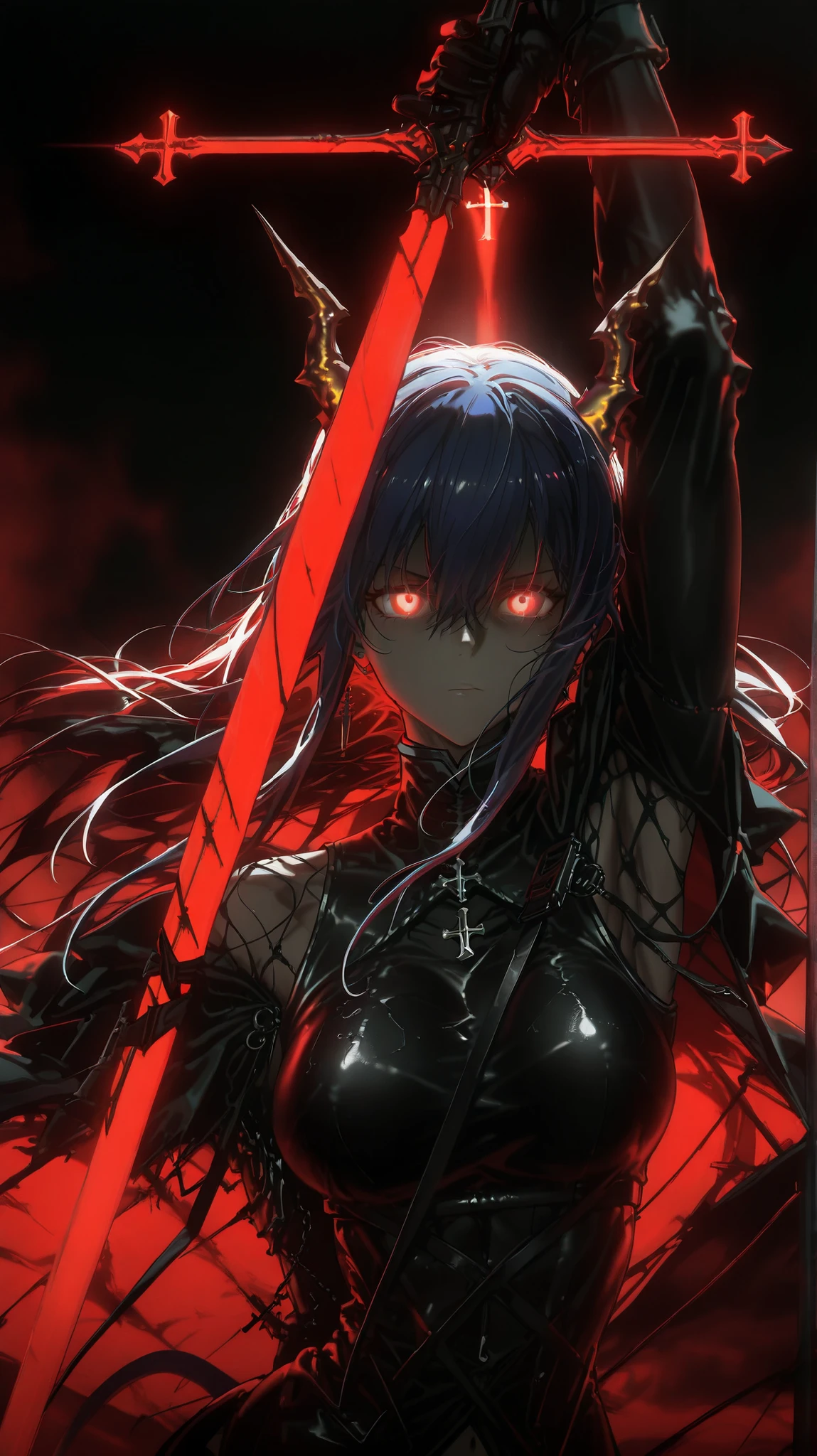 masterpiece,best quality,amazing quality,dual wielding,holding sword,cross,crossed swords,arm up,hand up,1girl,arknights,ch'en (arknights),arknights,glowing eyes,
dark_art_style,