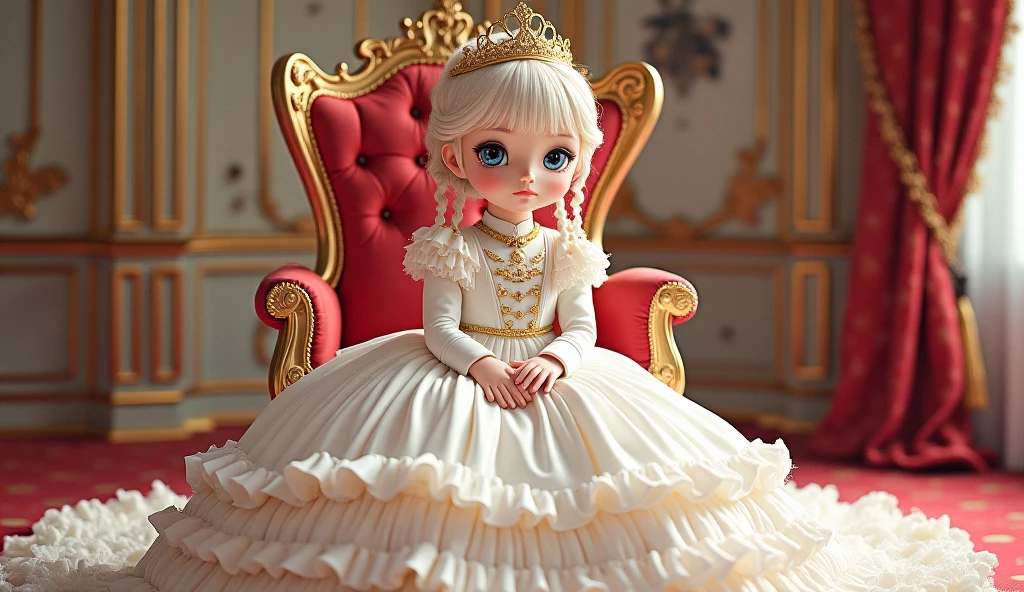 A young, stunningly beautiful and blonde child princess, dressed in a light silver, foot-length dress with short sleeves, sitting on her throne in the throne room of her castle, she is wearing no crown and no jewelry, view of the princess from the front and in full body view from head to toe, hyperrealistic,