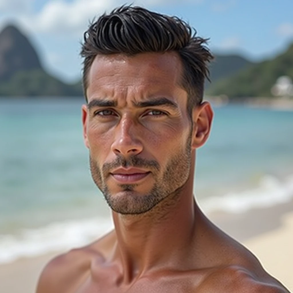 Create a realistic photo, typical Spanish man with a beard and mustache, very handsome man with a charming and deep look, green eyes, brown hair, ((full body)) hyper realistic photos, dressed in colored swim shorts blue, lying on his stomach, on the beach background image: the beach with people around, head to toe, full body, hyper realistic photo