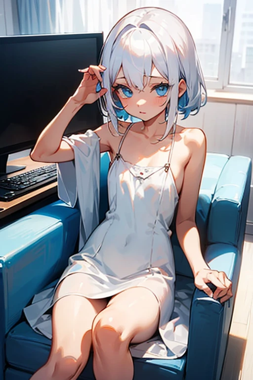 Draw a beautiful girl , blue eyes white hair, wear a bare shoulder dress, clicking the computer on the sofa