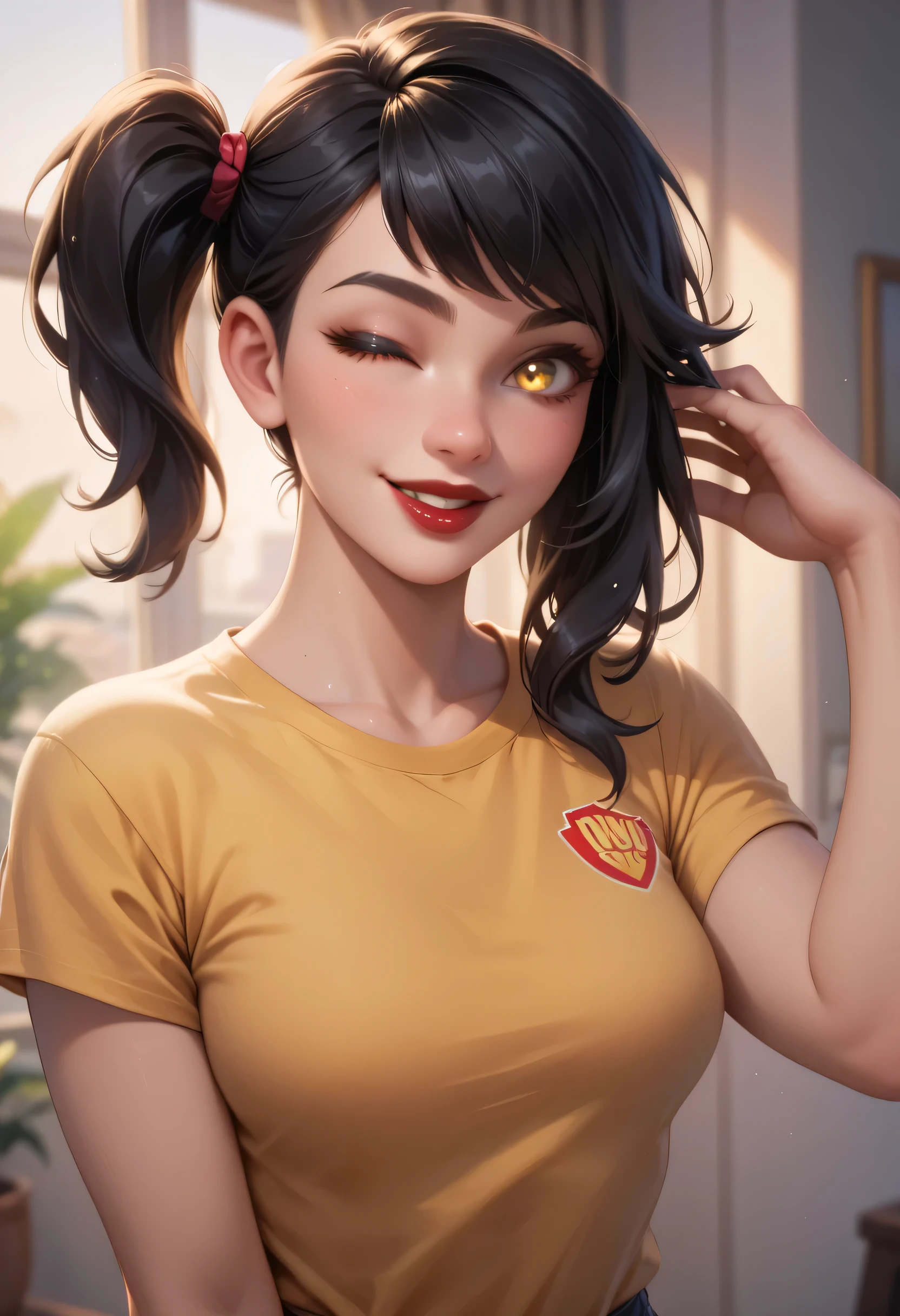 perfect face, glowing golden eyes, (wink), feminine, black hair, (side ponytail), medium hair, black thin eyebrows, nose, lips, red lips, smile, t-shirt, scoop t-shirt, yellow t-shirt, medium breasts, looking at viewer
