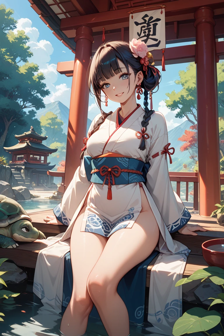 (masterpiece, best quality:1.2), nsfw, (1girl, solo), 20years old, (full body, wide shot:1.1), (full nude, naked), (kimono, undressing), (bare breasts, pink nipples), (demon horns:1.1), (pussy, pubic hair:1.1), gleaming skin, standing on the river side