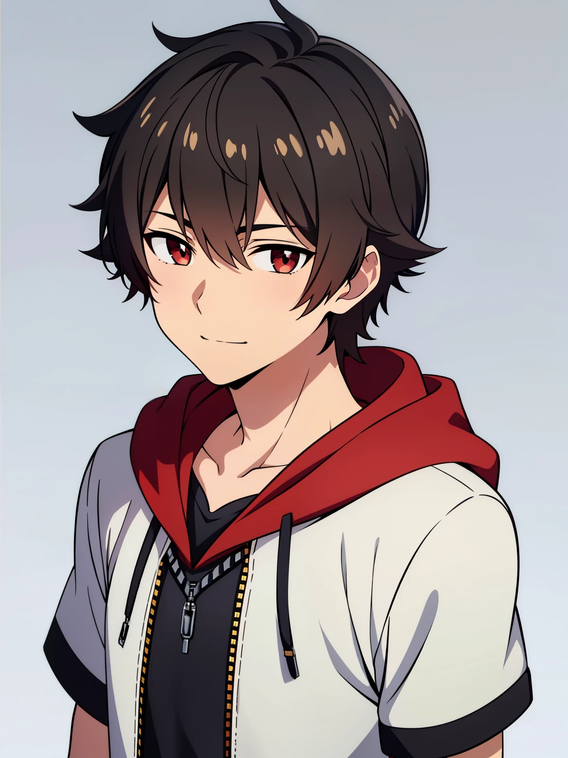 (high-quality, breathtaking),(expressive eyes, perfect face) portrait, 1boy, male, solo, young , black hair, red eye color, short hair length, soft wavy hair, cute smile, fluffy loose hair, side bangs, looking at viewer, portrait, medium full shot, happy expression, RWBY clothing, black hoodie, gold trim, white shirt, red, grey background, short sleeves, kingdom hearts clothes