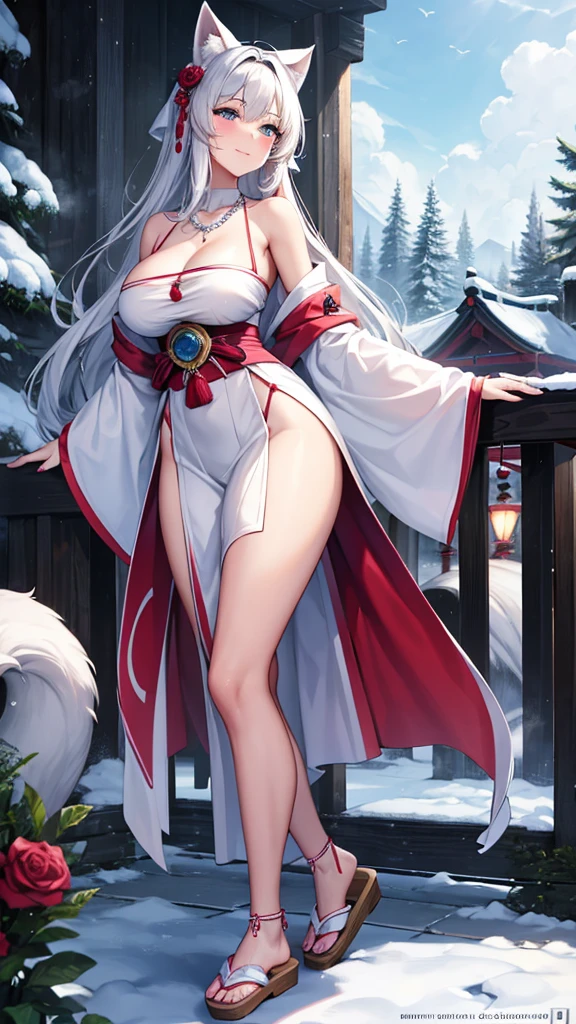 {extremely delicate and beautiful girl}, 8K Wallpaper, {{{masutepiece}}},Red Eyes,White hair,Long hair,(Bursting breasts:1.1),(skinny:1.3),Big ass,Open kimono,(Fox Girl:1.4),(Huge breasts), (((full body))) , (((sexy pose, model pose, standing pose)))forest,trees, montain,snow,fishnet stockings