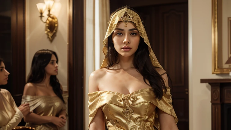 Masterpiece,best quality,full body(Very detailed CG unit wallpaper 8k)(best quality),(best illustrations),(best shadow) A stunning wedding dress decorated with gold. An exquisite headdress with a smile, white skin, a beautiful face, a harmonious face. Noble bodies and faces according to popular aesthetics slim face