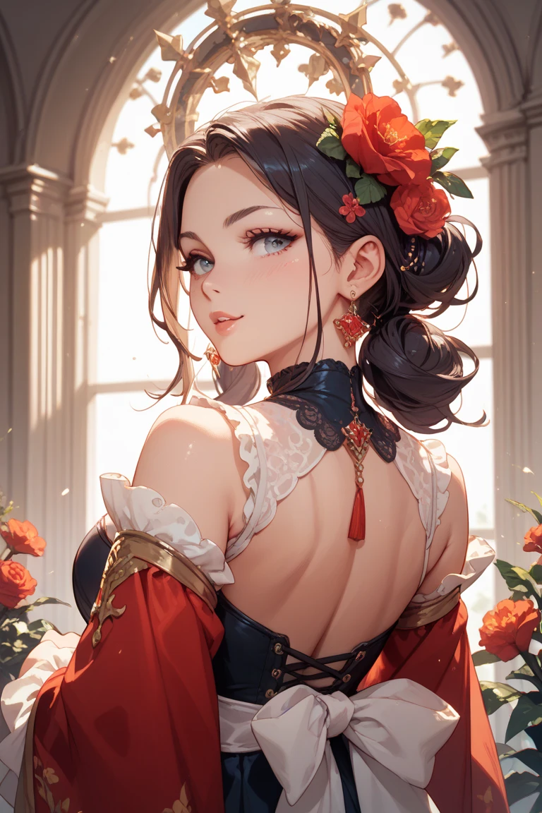 Beautiful Woman, perfect face, feminine, long hair, full body portrait, 4k, white and shiny skin, (((large breast))) , hourglass body, detailed and beautiful face, thin waist, pink , wide hips, red victorian era dress