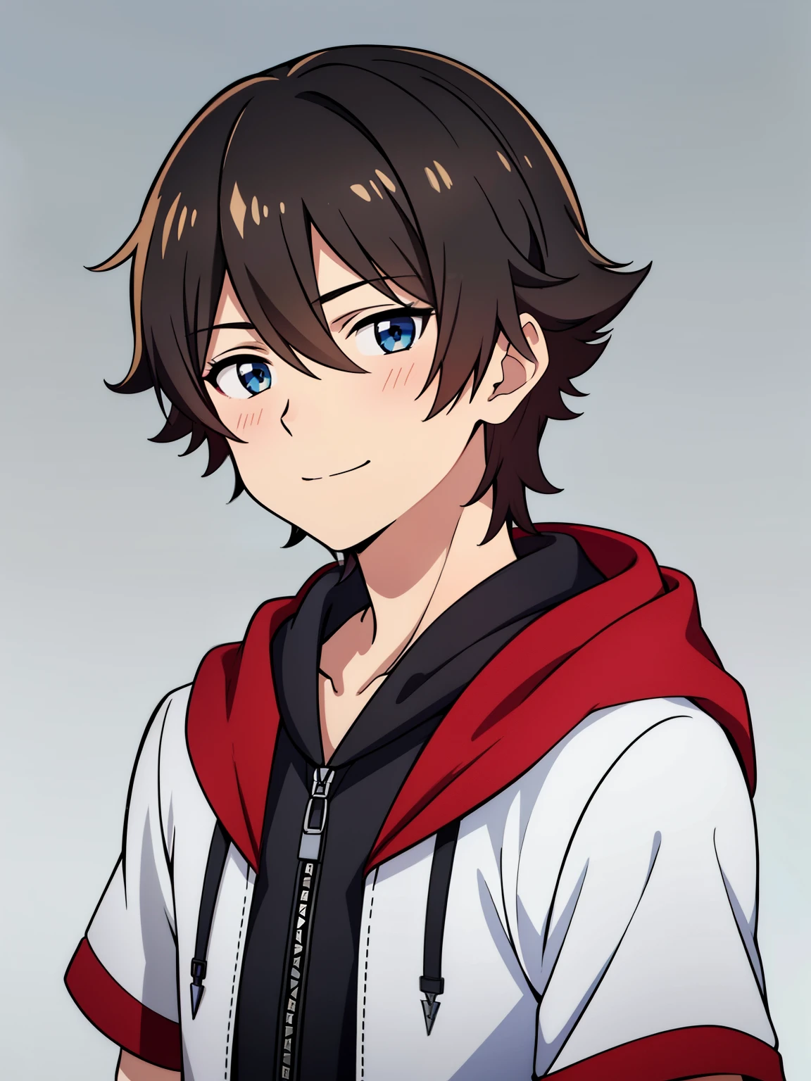 (high-quality, breathtaking),(expressive eyes, perfect face) portrait, 1boy, male, solo, young , black hair, red eye color, short hair length, soft wavy hair, cute smile, fluffy loose hair, side bangs, looking at viewer, portrait, medium full shot, happy expression, RWBY clothing, black hoodie, gold trim, white shirt, red, grey background, short sleeves, kingdom hearts clothes