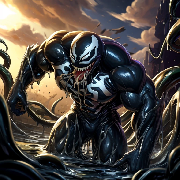 Venom sits relaxed under a twisted oak tree, grinning maliciously as he puffs on a jaggedly carved stone pipe. Swirls of inky smoke rise up, slowly enveloping him in a hazy shroud. His jet black symbiote suit and razor fangs blend into the mist, so only his menacing grin is visible, white eyes narrowed sadistically. The smoke takes nightmarish shapes, forming claws, chains and slavering beasts that circle around Venom's head before dissipating into the bleak gray sky. Though immersed in his own world, Venom radiates an aura of chilling tranquility.
In the foreground, Venom sits with legs crossed under the gnarled oak, leaning casually against the trunk. His oily symbiote drapes around his muscular frame. In his clawed hand he holds the carved pipe, its bowl emitting steady inky smoke that rises in tendrils. Venom's eyes are closed lightly, face peaceful yet darkly satisfied.
As the smoke dances, it transforms into horrors around him. A beast drools left, chains rattle right, claws slash overhead. The black smoke swirls higher into the gloomy sky, forms blending into haze. Faint light filters through twisted branches, illuminating Venom's malevolent face. Though enveloped in smoke, he emanates malice and contentment, lost in his own twisted world.