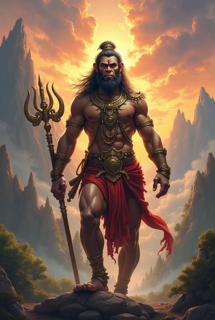 "Create a highly detailed, divine portrayal of Lord Hanuman, the monkey god of strength and devotion from Hindu mythology. He should be depicted in a powerful yet serene stance, with a glowing aura of divine energy. Hanuman is shown holding a mace (gada) in one hand and possibly carrying a mountain (symbolizing his strength and dedication). He should be adorned with traditional jewelry and clothing, and his facial expression reflects wisdom and courage. The background could feature a temple or a lush landscape with soft, radiant light illuminating the scene, creating a spiritual atmosphere."