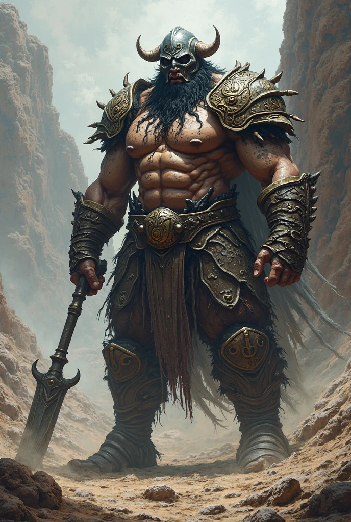 Profile picture from the waist up for use in a RPG group of a goliath Height and Weight: Height of 2,28 meters and weighs 140 kg.
Skinned: His skin is gray with dark marks that spread all over his body..
hairs: he is bald.
eyeballs: His eyes are a pale blue Armor: He wears heavy armor that covers his entire body Weapon: In your hand, holds a long sword, that seems like an extension of his own strength and shield Wears a necklace of the goliath tribe 