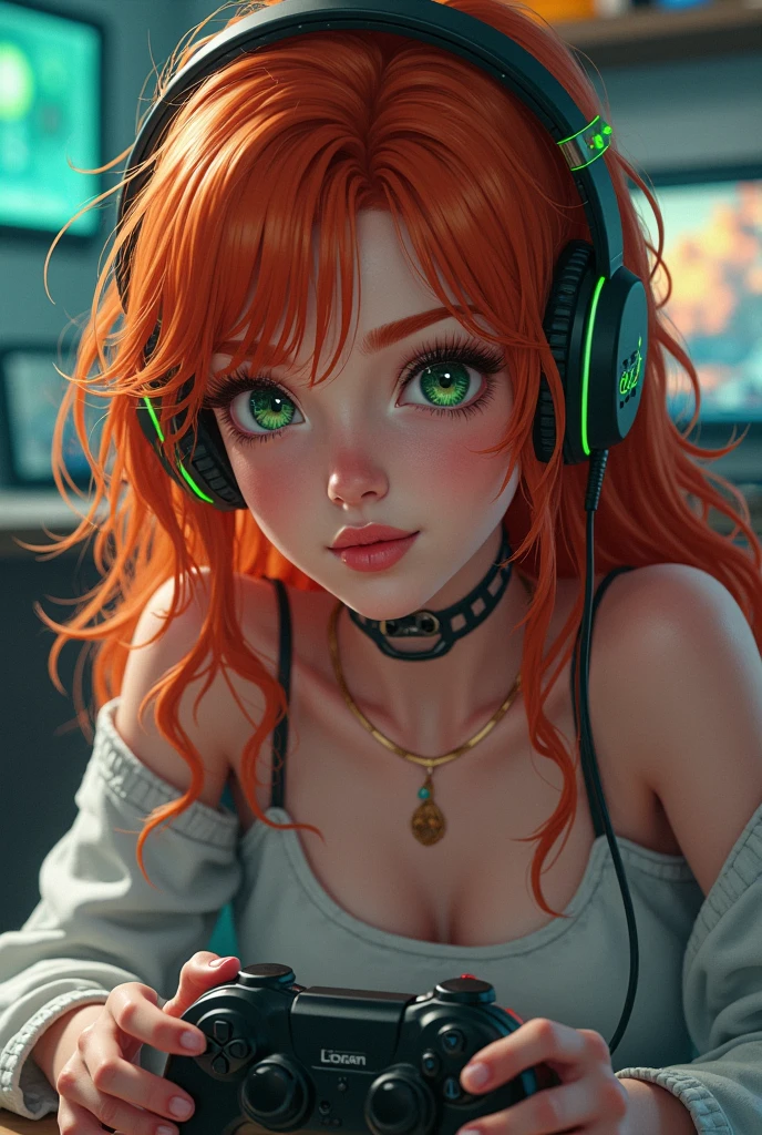a very beautiful woman, redhead, perfect face, perfect eyes, dark room, gamer girl, sexy posing, low angle camera, large white gamer headphones, naked, nice pussy, cinematic lighting