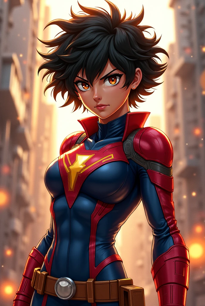 Boku no hero academia character,girl with dark brown shoulder length hair,cinnamon-colored skin,Huniform nail with the character of Tamaki Amajiki