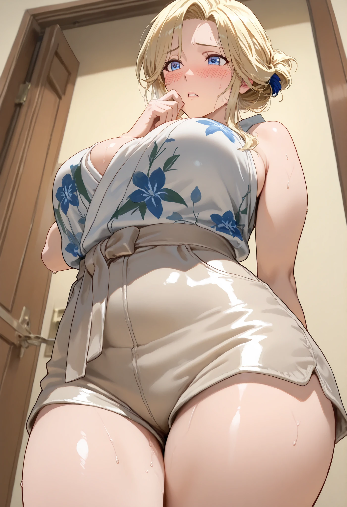 masterpiece, highest quality, (perfect face:1.1), (high detail costume:1.1), (highly detailed eyes), warm tone, a lovely mature woman, house wife, (soft leather kimono), Long blonde hair, (blue irises), hair tied up, wide collection, individual approach, shorts , shorts, floral blouse, bare shoulders,  bare arms, pronounced cleavage, parted lips, It's on the door,  opening door , home environment anime, curvilinear body, wide hips, big legs, big plump thighs, trasero regordete, embarrassed expression,  thoughtful look, sweat in front, angle from below, blush, breasts, dynamic angle, taken up close, Hand Over Own Mouth , blurry eyelids ,