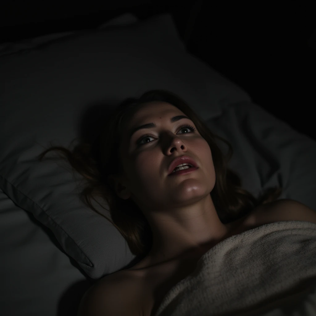 A woman lying DEAD on a bed, asphyxiated. Focus on her face, POV: From my perspective, from above her lap, looking at her, already dead. Dark room, realistic, real life. 