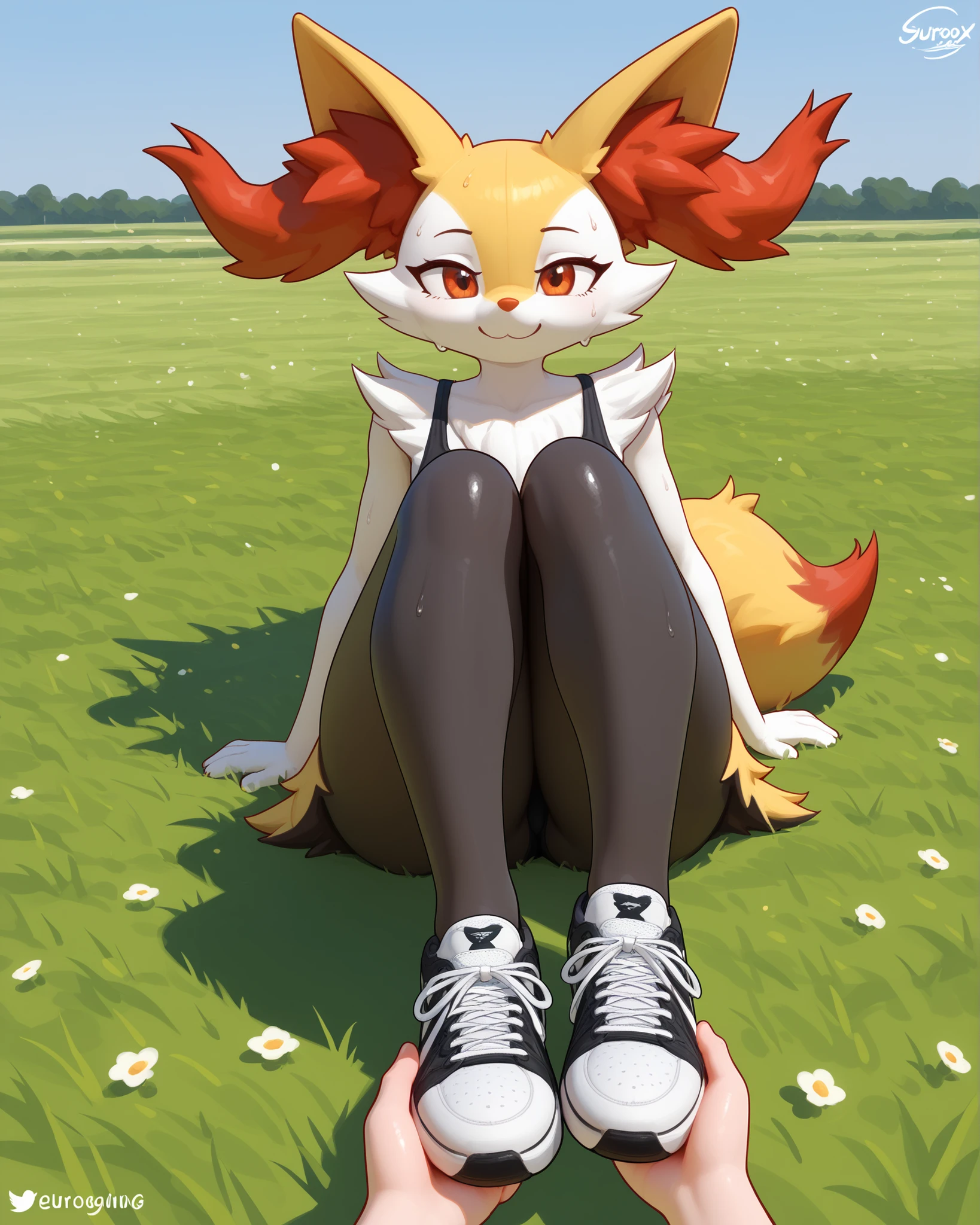 alone, score_9,score_8_up,score_7_up, anthro female braixen, POV, field, streching herself, exercising, smiling, sweating, rubor, black leggins, thicc thighs, full body, smile, sneakers on feet, 3D
