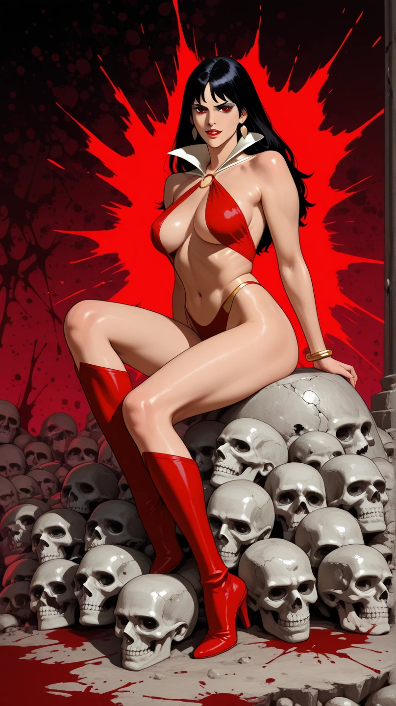 The character Vampirella, with her vampire fangs, perfect red costume, smooth curves, beautiful anatomy, walking among skulls...