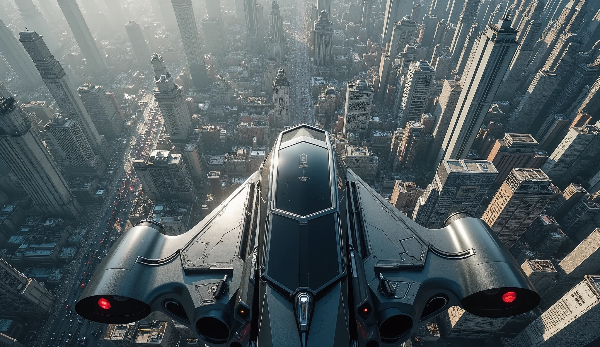 VIEW FROM THE FRONT CAMERA OF a spaceship, FROM THE MAJESTIC CITY, YOU CAN SEE THE perspective fleeing from one OF THE WIDE AVENUES where the spaceship flies at high speed over a vast cyberpunk metropolis, cto land