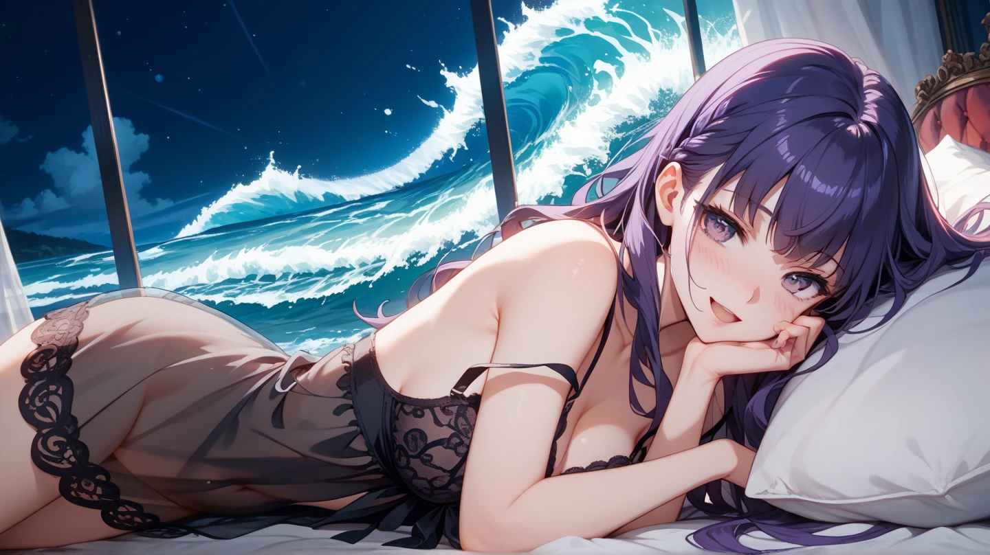 Beautiful lady with lace bra and sheer black seamless pantyhose crawling out of steamy water on beach with the moonlight
