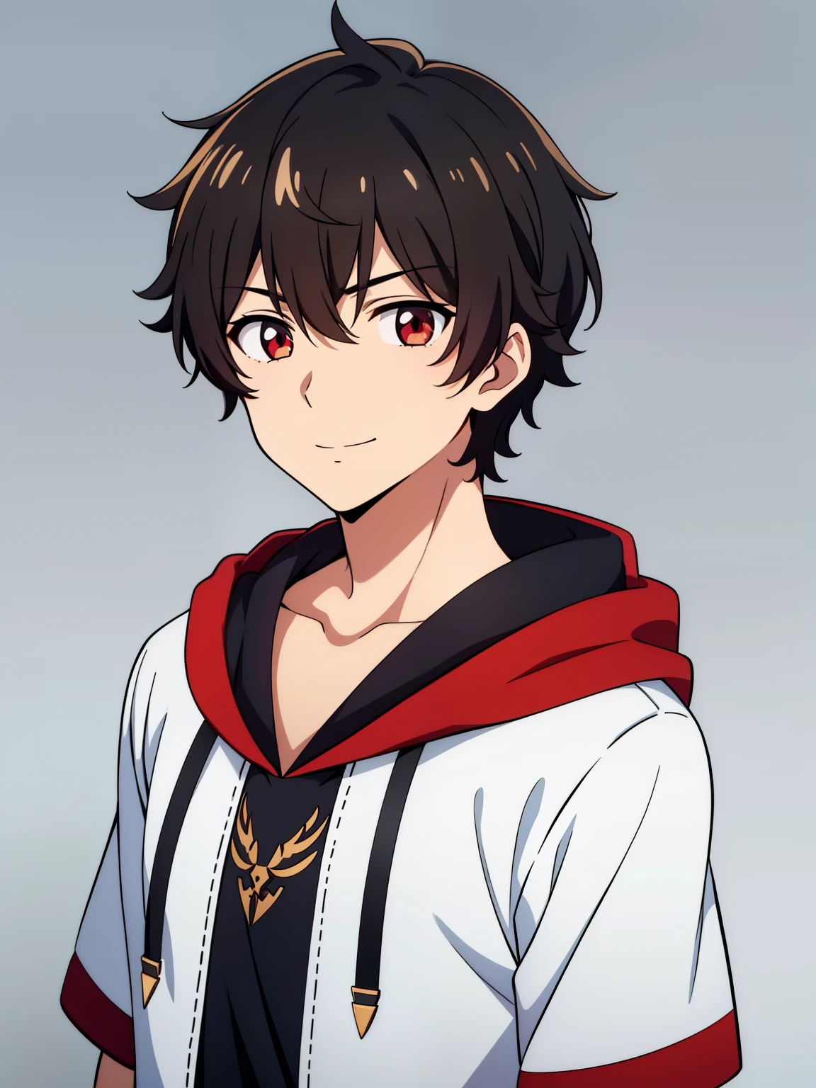 (high-quality, breathtaking),(expressive eyes, perfect face) portrait, 1boy, male, solo, young , black hair, red eye color, short hair length, soft wavy hair, cute smile, fluffy loose hair, side bangs, looking at viewer, portrait, medium full shot, happy expression, RWBY clothing, black hoodie, gold trim, white shirt, red, grey background, short sleeves