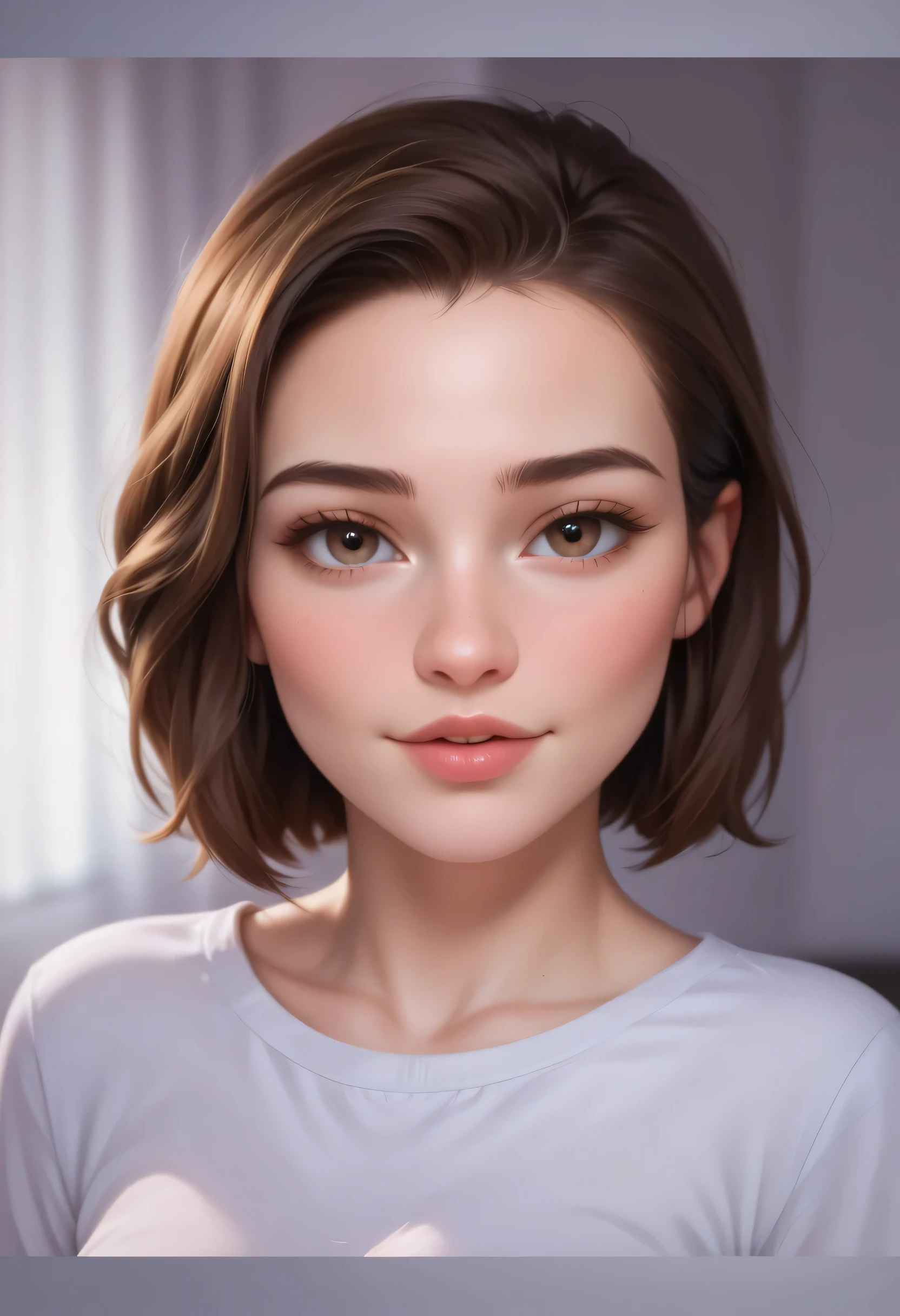 a close up of a woman with a white shirt and brown hair, portrait sophie mudd, accurate ultra realistic faces, photorealistic beautiful face, ultra - realistic faces, hyperrealistic beautiful face, ultra realistic faces, beautiful realistic face, young female face, realistic perfect face, hyper realistic faces, realistically rendered face, photorealistic faces, hyperrealistic ****, ultra realistic faceHD, (best detail), (best quality), Two-dimensional,