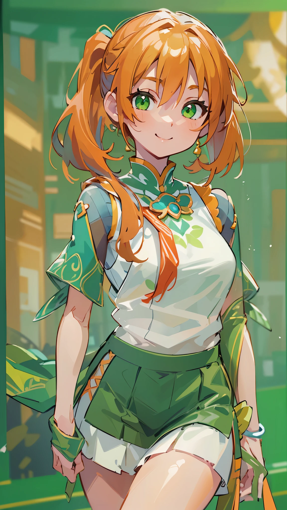 (masterpiece、top quality)、Exquisite Details、8k、Clear Focus、(Bokeh) (top quality) (Skin Refinement : 1.3 ) (絶妙なdetails) (8k) (details) (anime)、Orange Themed Clothes、sleeveless、orange hair、ponytail、Glowing green eyes、bold pose、upper body close-up、smile、miniskirt、thigh、light green background