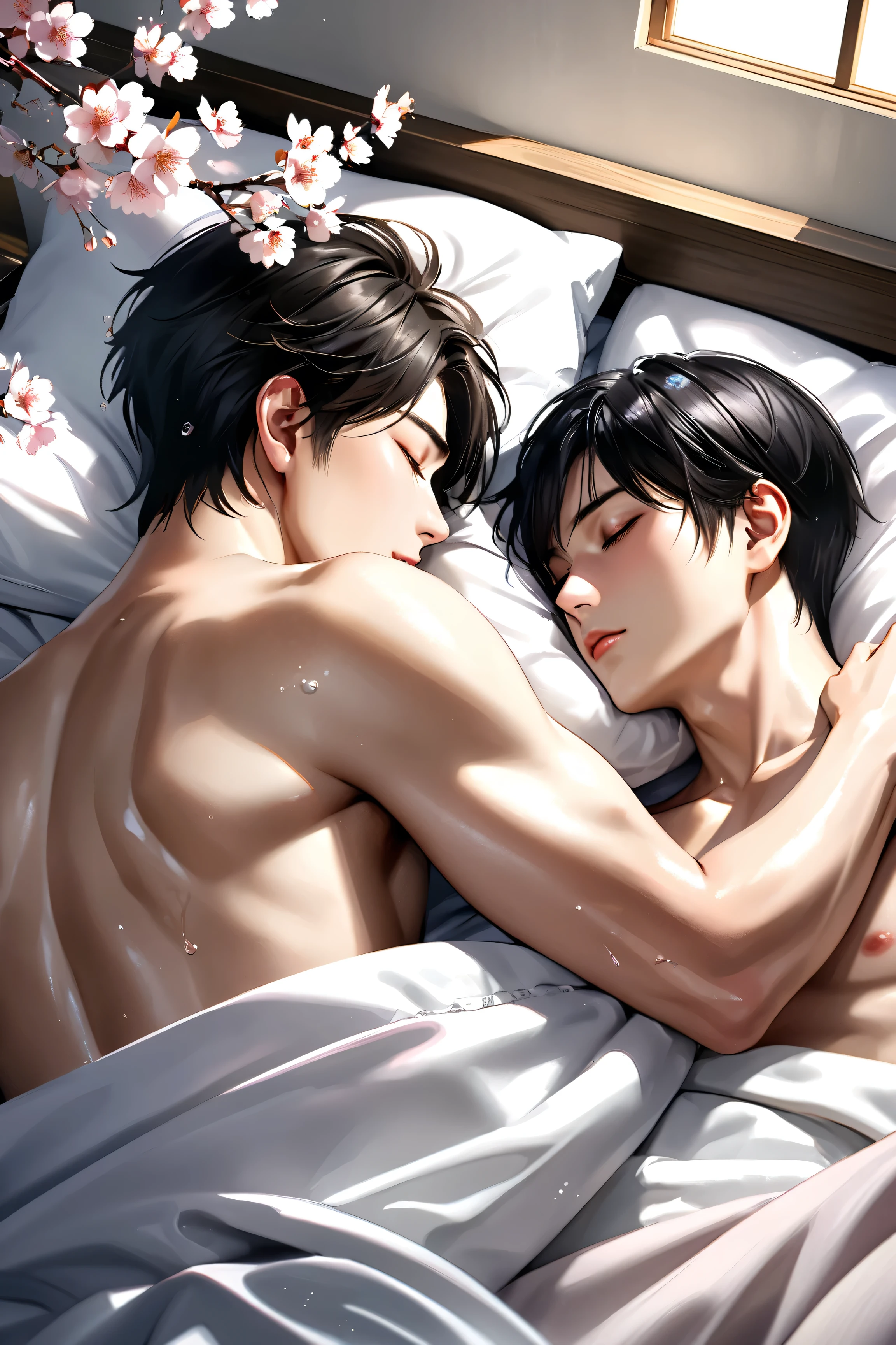 high quality, realistic, (Two Japanese boys sleeping in bed), (black hair short), (shiny skin), Black Briefs, white cherry blossoms,