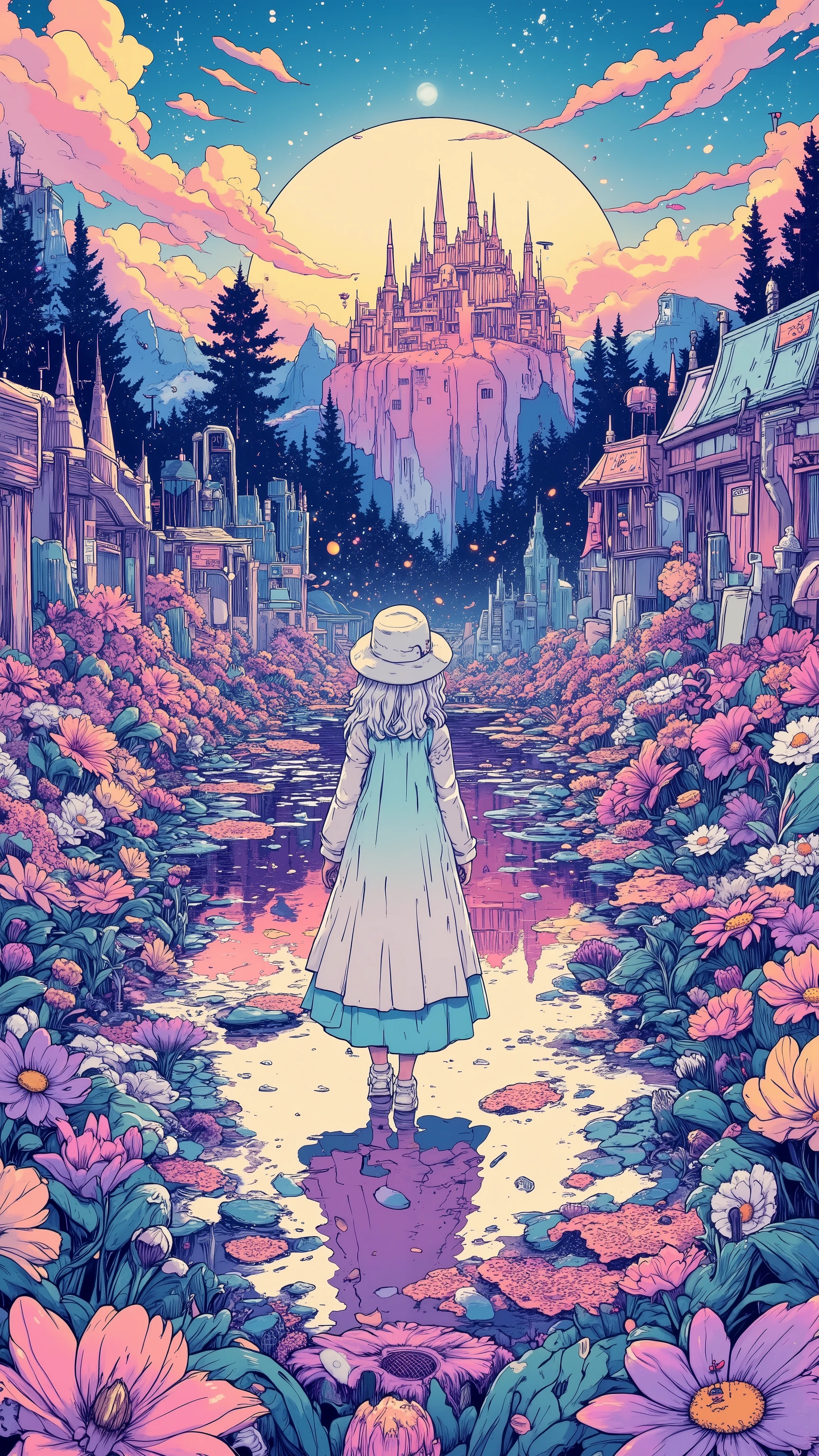 Empty scene,Imagine,When the moonlight changes its angle,in mechanical dance,in the sky,,with an unrealistic gradient of purple and pink,Create a dreamy atmosphere,Petals are condensed from liquid rainbows,when touched, that it will flow to neighboring flowers and then reproduce,the firefly figurine sleeps in the flower stem, girl(silver-white curls, long hair,a gentleman's hat,the top of the head is mint green,Cream long dress,off-white canvas shoes)Standing on the face of an endless mirror lake of the Milky Way,Reflected white snow wolf,The windless surface of the lake perfectly reflects the sky。When the full moon rises,The sleeping glass palace at the bottom of the lake begins to awaken,and the twelve bell towers ring one after the other,, the bell stirs diamond-shaped ripples on the surface of the water,A different parallel world scene appears in every ripple。