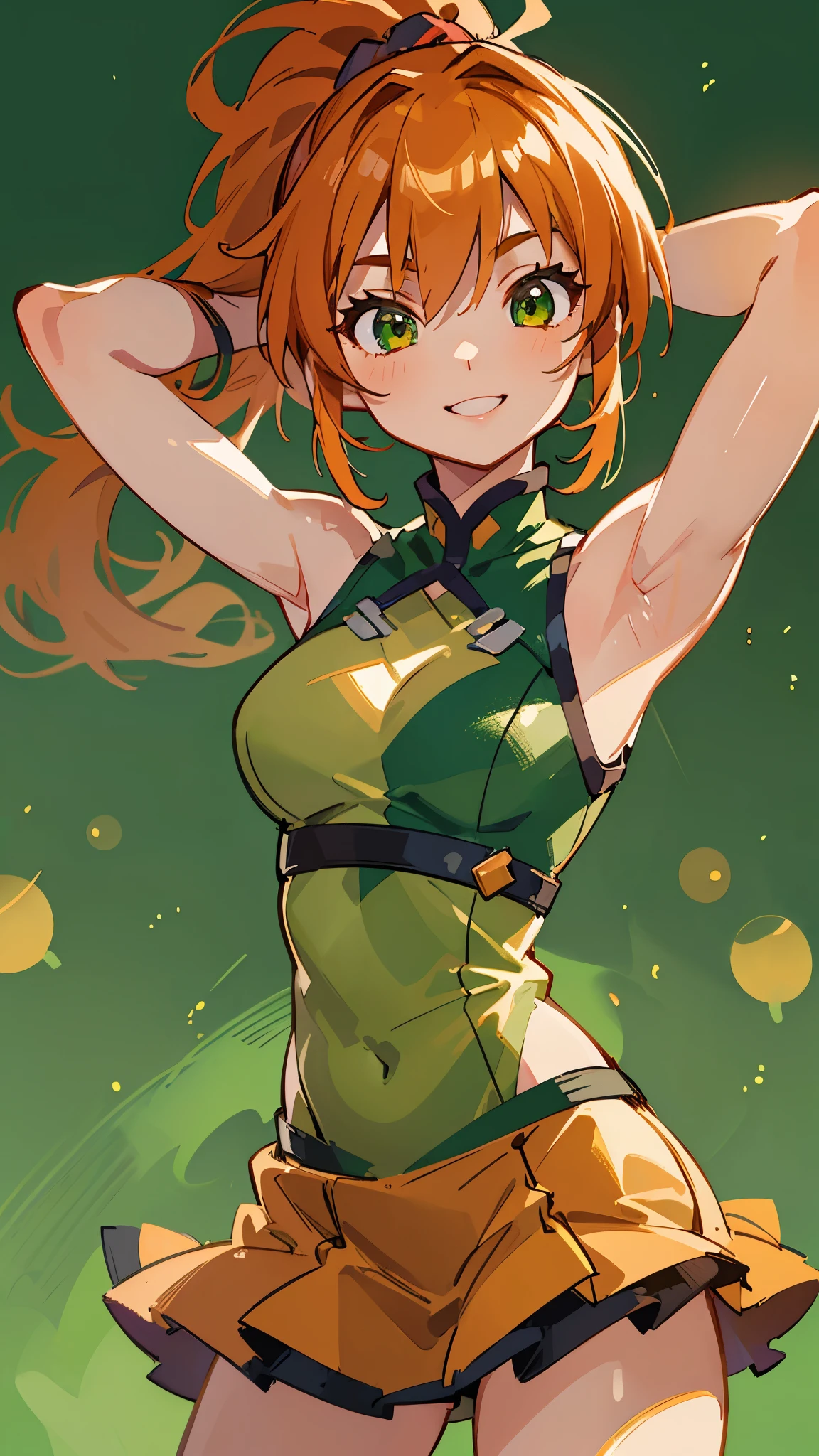 (masterpiece、top quality)、Exquisite Details、8k、Clear Focus、(Bokeh) (top quality) (Skin Refinement : 1.3 ) (絶妙なdetails) (8k) (details) (anime)、Orange Themed Clothes、sleeveless、orange hair、ponytail、Glowing green eyes、bold pose、cowboy shot、smile、miniskirt、thigh、light green background