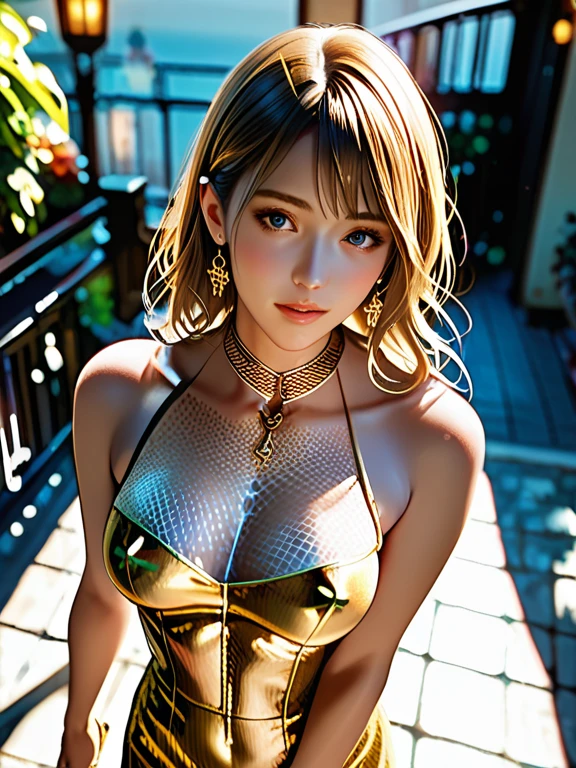Very detailed, beautiful, highest quality, Professionally taken photos, Like a poster, detailed beautiful round eyes, beautiful detailed face, Whole Body Ezbian, Medium Long Hair, Casual Hairstyles, (Random color hair, Golden mesh), Big eyes, Random color eyes, Long eyelashes, Thick mascara, Dark eyeliner, (Huge breasts), (Bust about to burst:1.35), Wide selection, Thick waist), (Wide Hips:1.35, Toned thighs, Body Curves), 40 years old, woman, (White tight dress, white), Perfect Face, Perfect body, Sexy pose, (A shy smile), Random Location, nature, (alone), The light on my face,