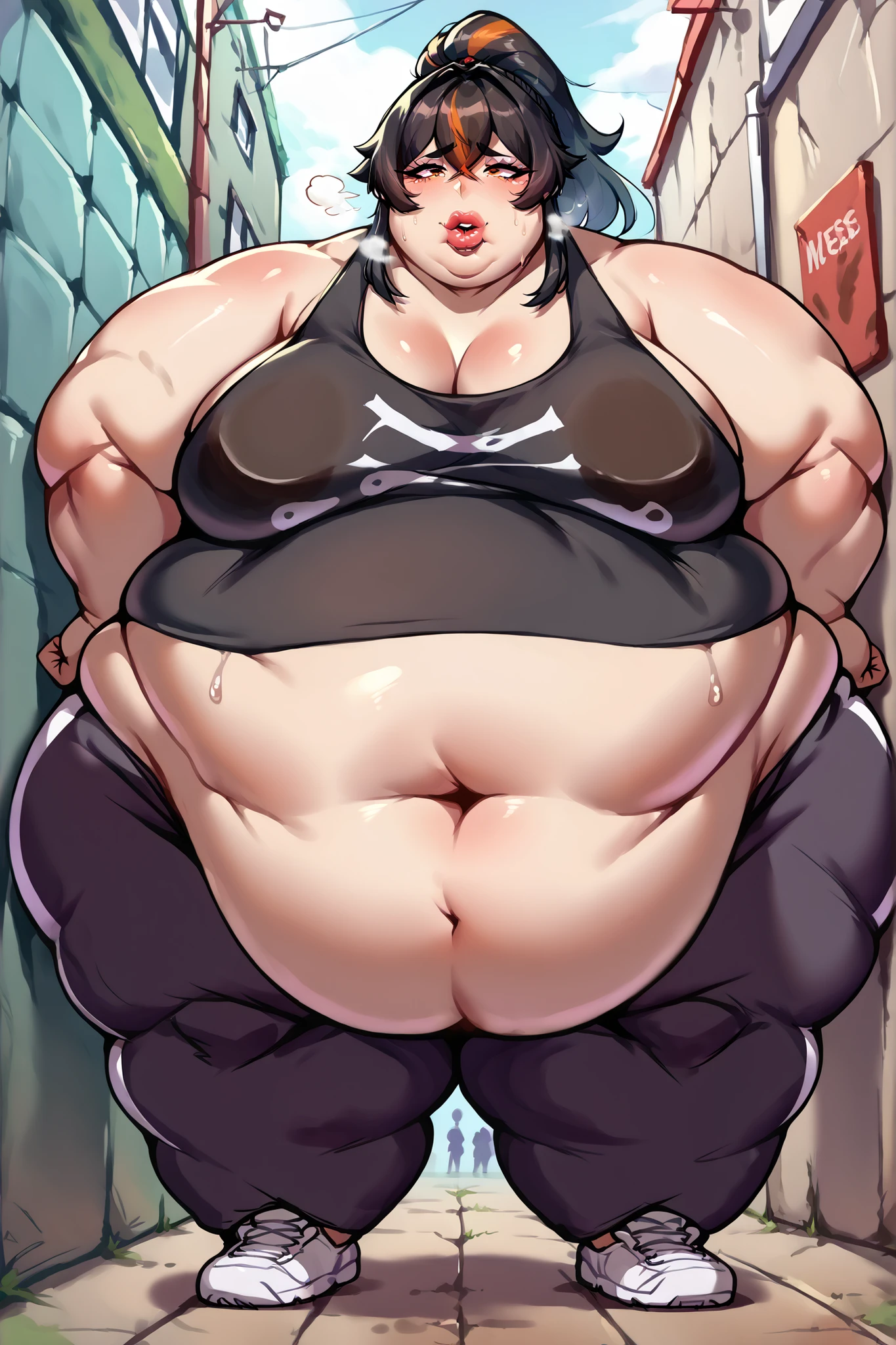 a cartoon image of a girl with glasses in a white robe and black belt, thicc, bbwchan, yellow short hair, black eye, Fluffy and Fat Face, Big Butt, Big Cheeks, Obese Body, Sexy, Obese Girl