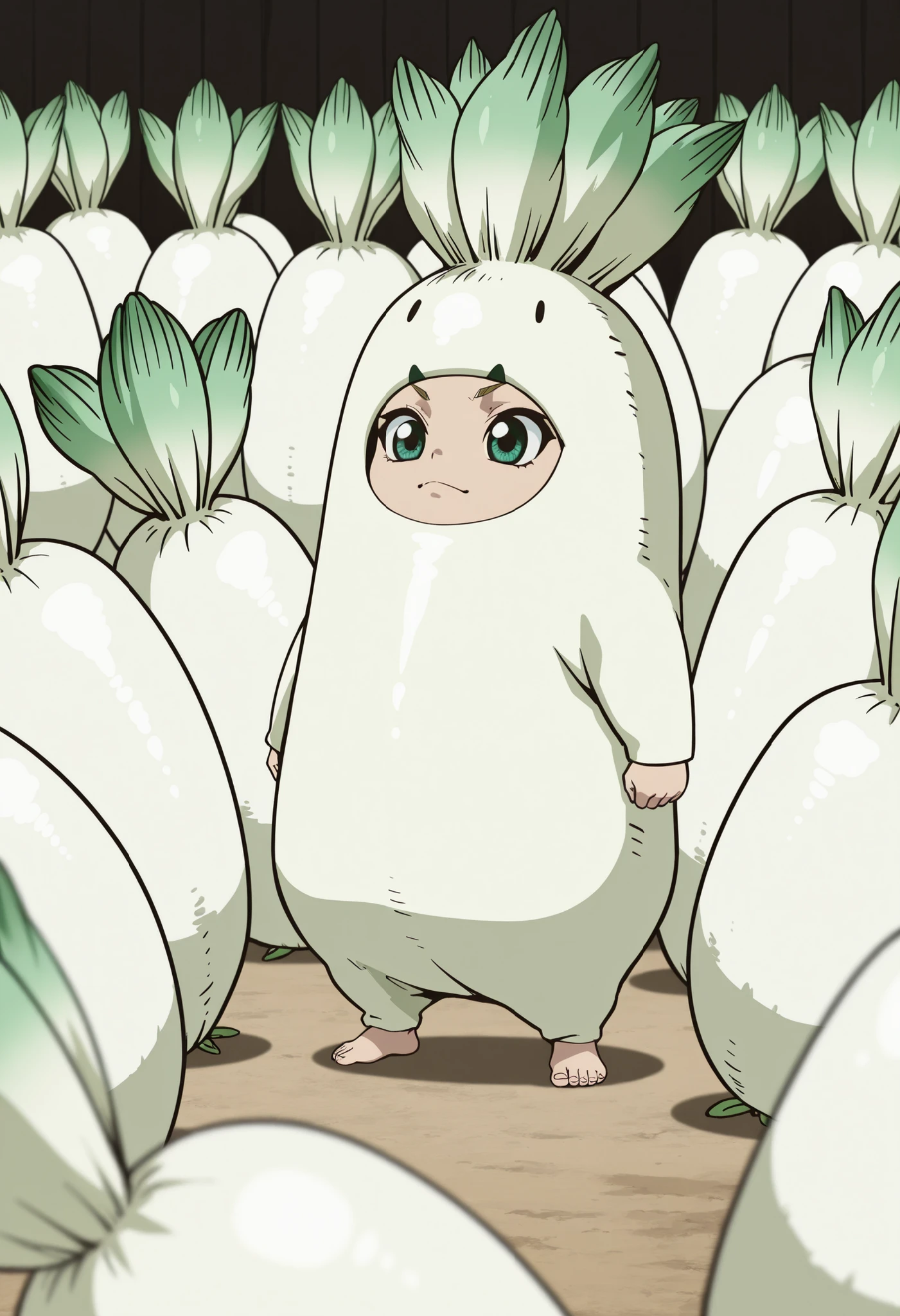ultra detailed, absolutely resolution, masterpiece, Dr. Stone's Senku Ishigami is wearing a white radish costume, surrounded by a row of newly bred white radishes that resemble him, character goods