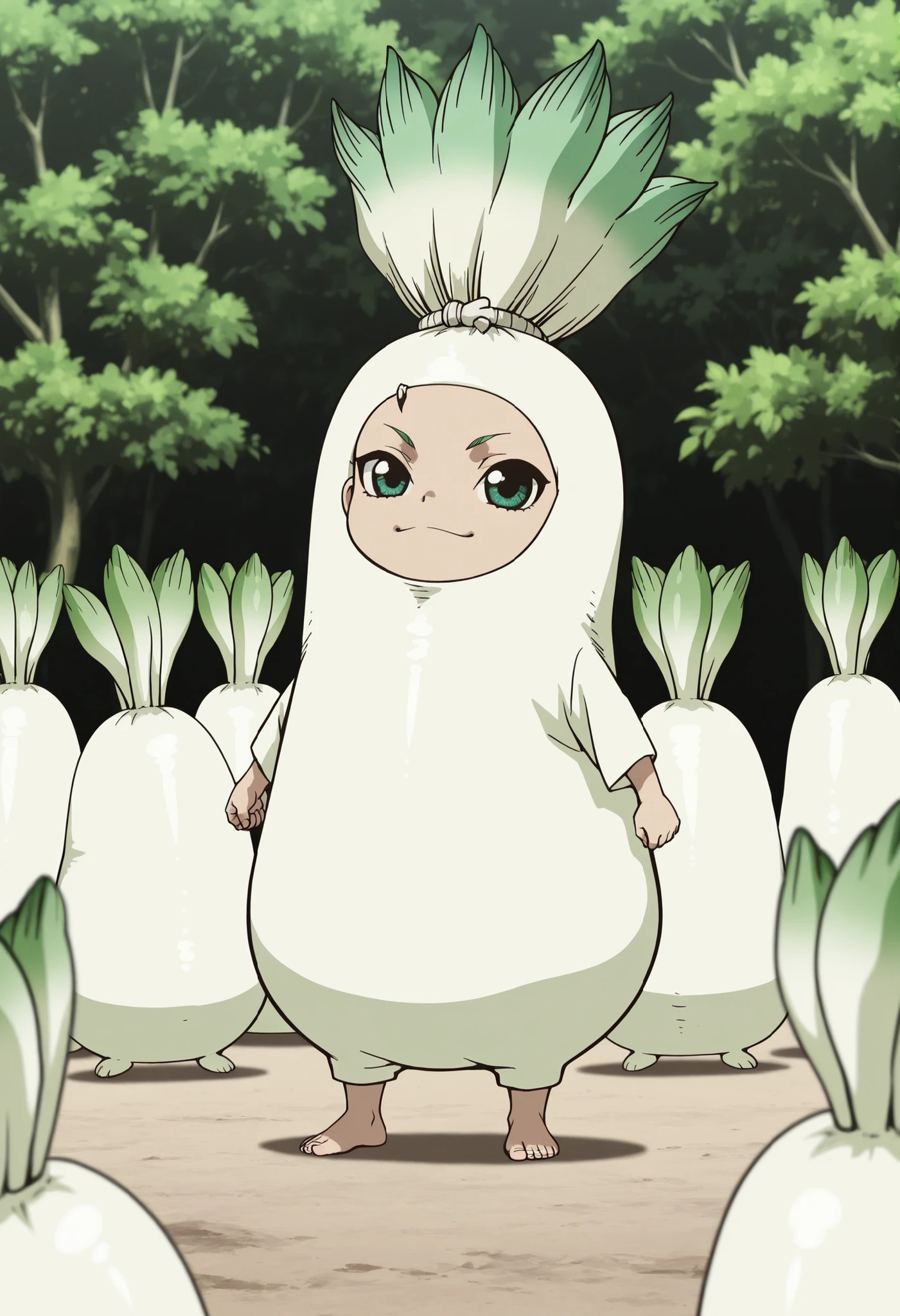 ultra detailed, absolutely resolution, masterpiece, Dr. Stone's Senku Ishigami is wearing a white radish costume, surrounded by a row of newly bred white radishes that resemble him, character goods